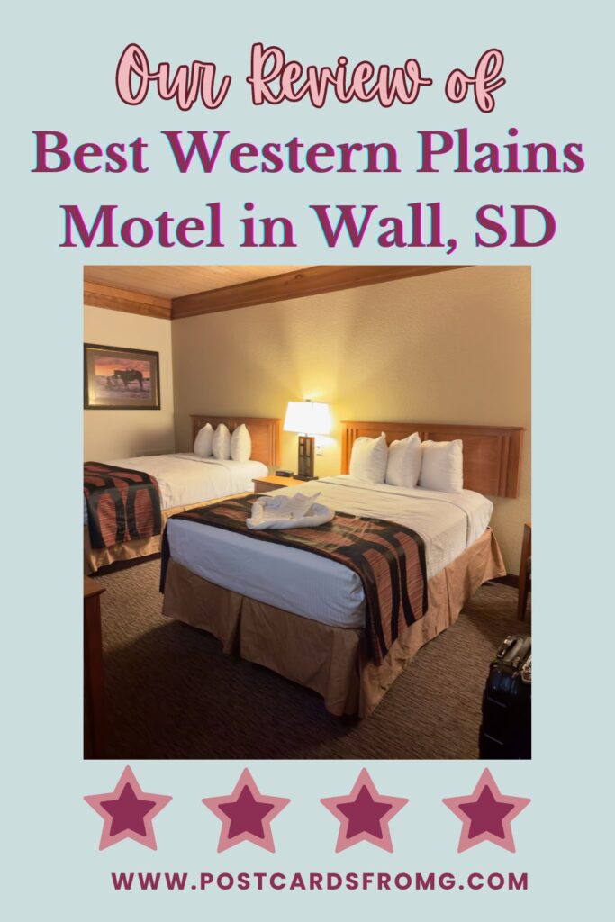 A promotional image for a review of the Best Western Plains Motel in Wall, SD. The image shows a well-lit hotel room with two neatly made double beds, each with four pillows. Above the beds, there is a framed picture on the wall. The text on the image reads "Our Review of Best Western Plains Motel in Wall, SD" and features a four-star rating with the website www.postcardsfromg.com at the bottom.
