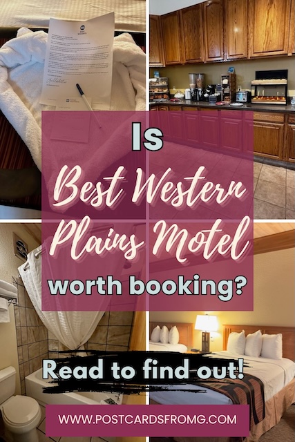 Collage image showing four interior views of the Best Western Plains Motel, including a towel swan and welcome letter on a bed, a breakfast area with wooden cabinets, a clean bathroom with a curved shower curtain, and a cozy room with a neatly made bed and nightstand lamp. Overlaid text reads: "Is Best Western Plains Motel worth booking? Read to find out! www.postcardsfromg.com.