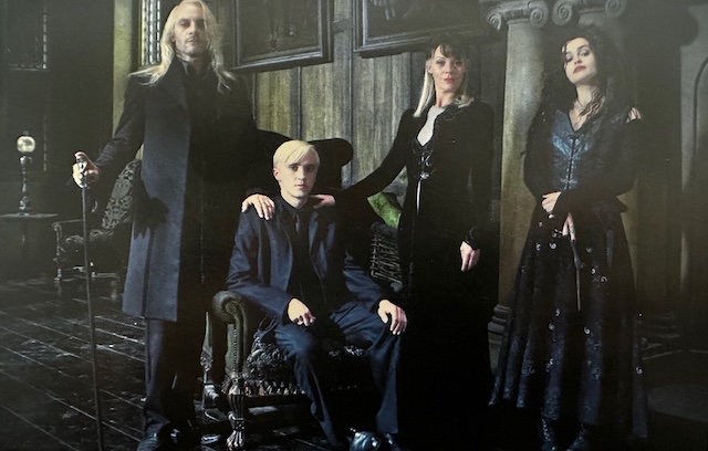 The Malfoy family and Bellatrix Lestrange sit and stand in a dramatic portrait, each wearing elegant black Harry Potter costumes. Their dark clothing and stern expressions reflect their alliance with Voldemort.