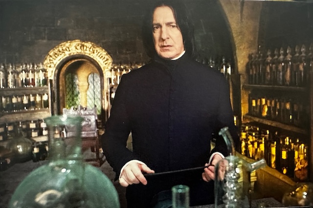 Severus Snape stands in the Hogwarts Potions classroom in his iconic black robe Harry Potter costume. Shelves of potion bottles and glass equipment surround him, reinforcing the mysterious atmosphere.