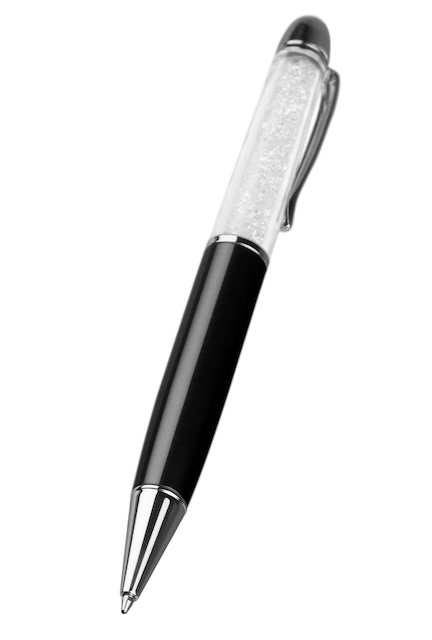 Elegant black ballpoint pen with a clear top section filled with crystals. A classy and compact travel stocking stuffer for journaling or filling out customs forms.