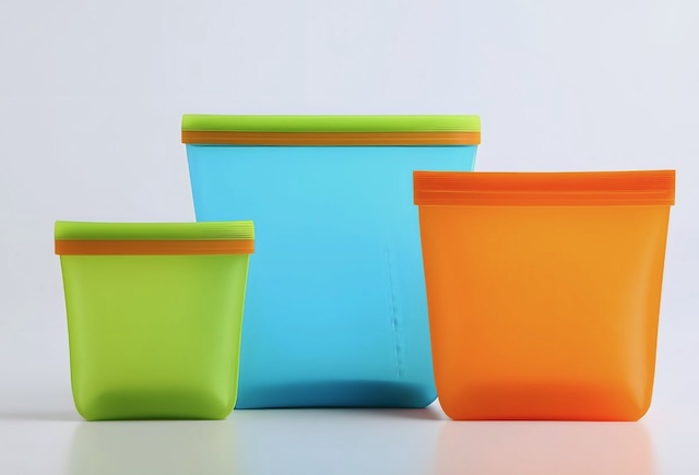 Three colourful reusable silicone storage bags in green, blue, and orange, standing upright on a light surface. Eco-friendly and space-saving travel stocking stuffers for snacks or toiletries.